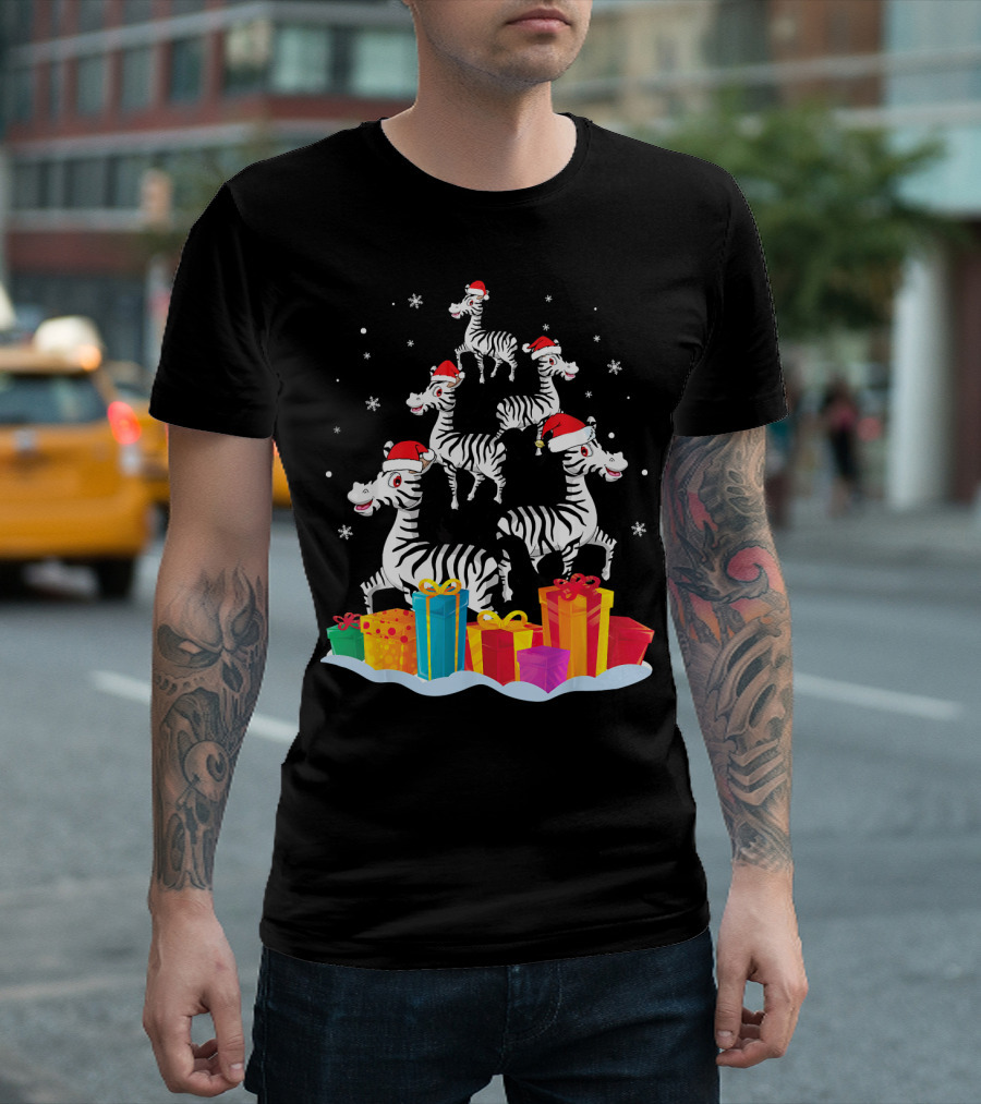 Festive Zebra Stacking with Santa Hats and Colorful Christmas Presents T-Shirt