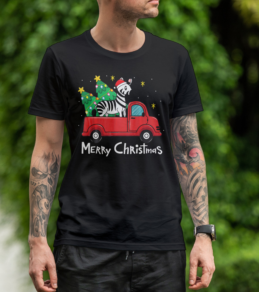 Merry Christmas Zebra Red Truck Christmas Trees T-Shirt