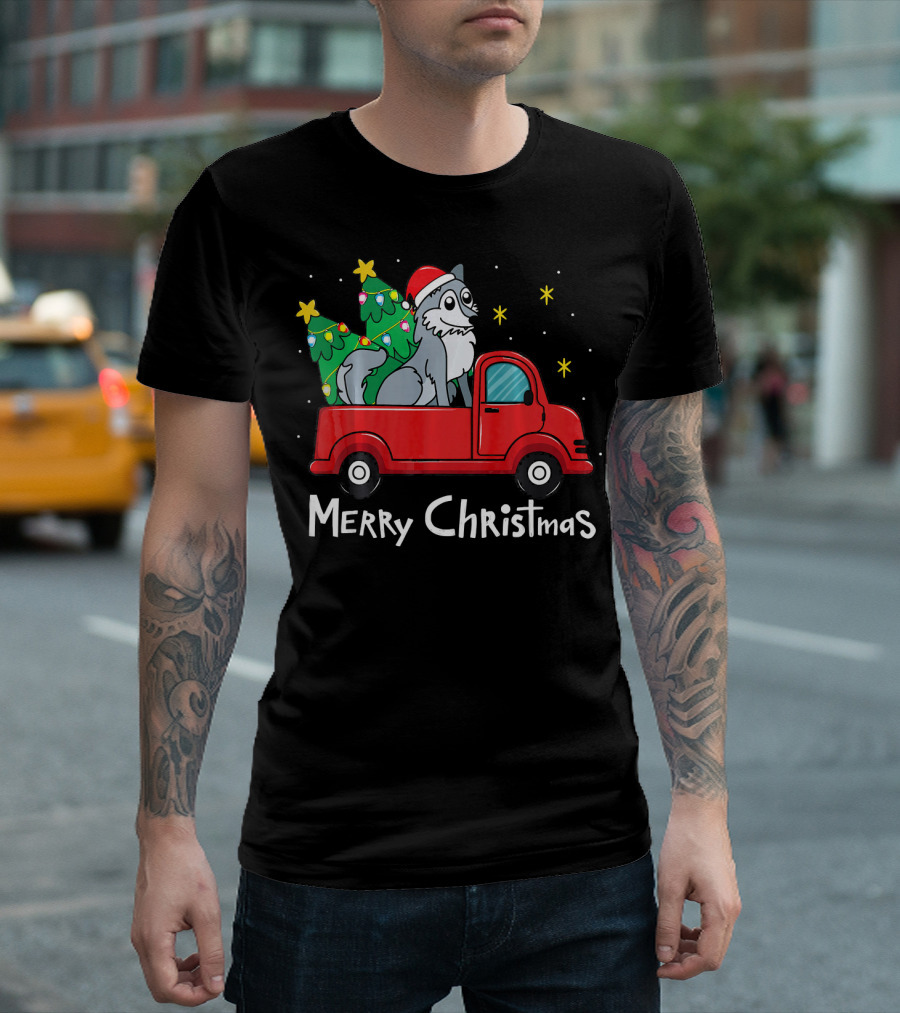 Merry Christmas Wolf and Christmas Tree in Red Truck T-Shirt