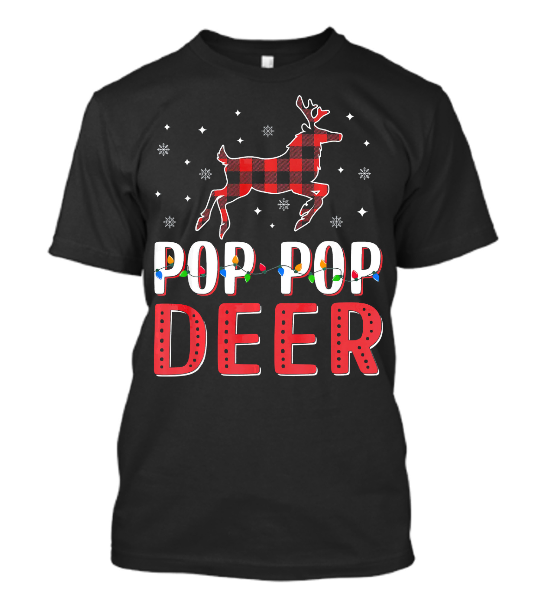 Pop Pop Deer Christmas Lights Snowflake Reindeer Plaid T-Shirt
