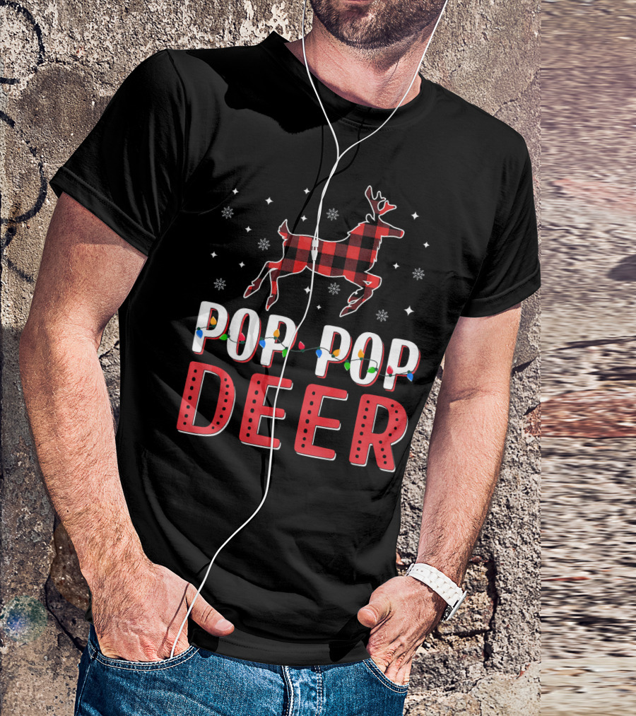 Pop Pop Deer Christmas Lights Snowflake Reindeer Plaid T-Shirt