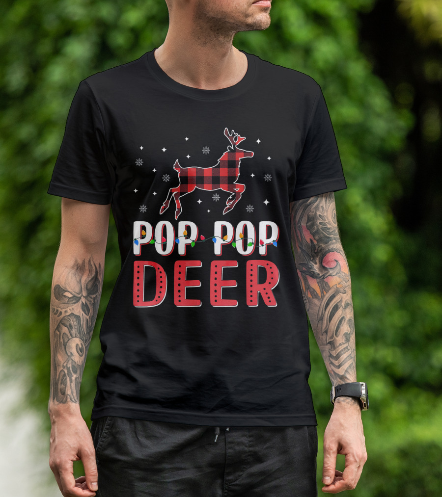 Pop Pop Deer Christmas Lights Snowflake Reindeer Plaid T-Shirt