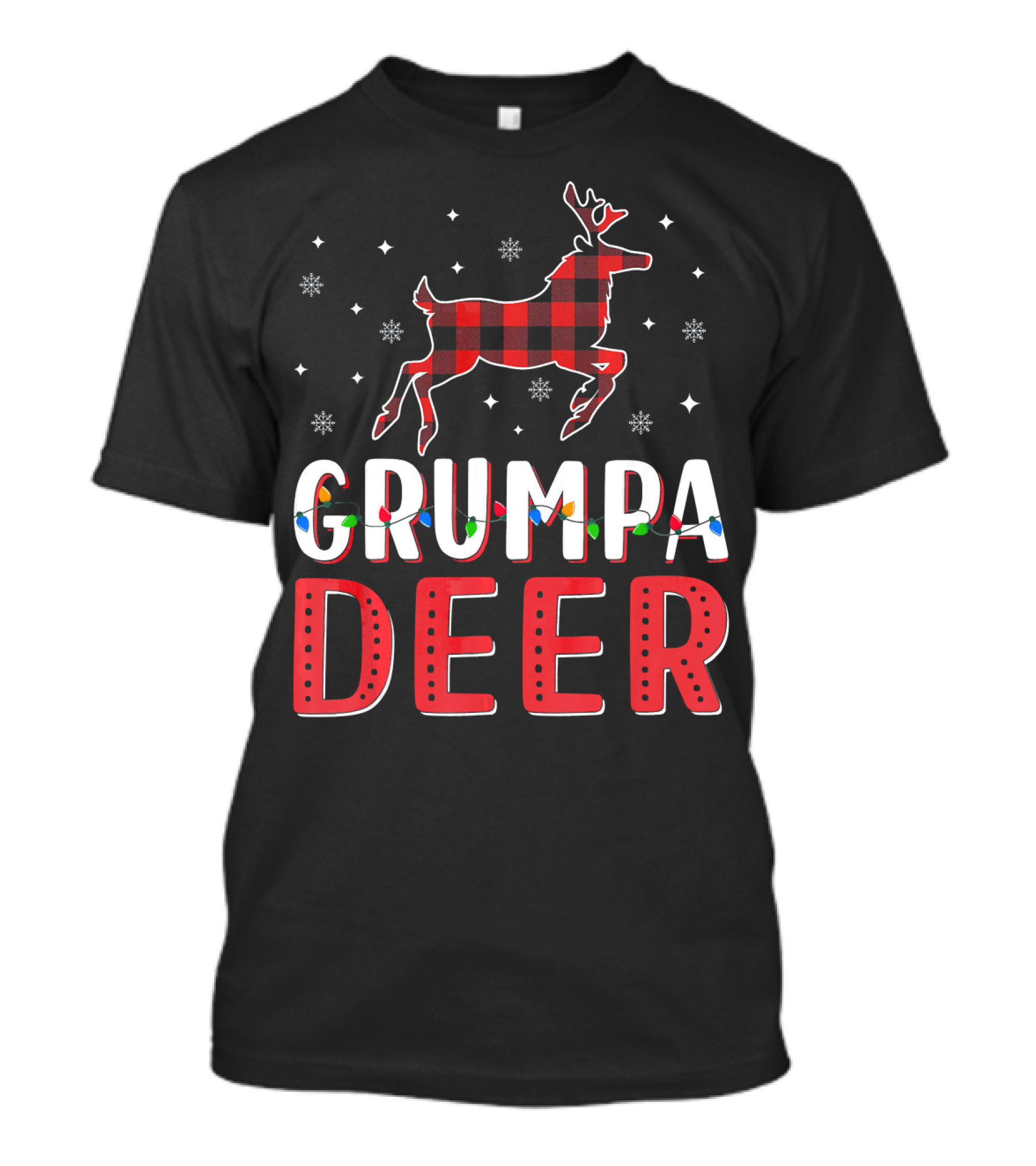 Grumpa Deer Xmas Light Pattern With Snowflakes And Plaid Reindeer T-Shirt