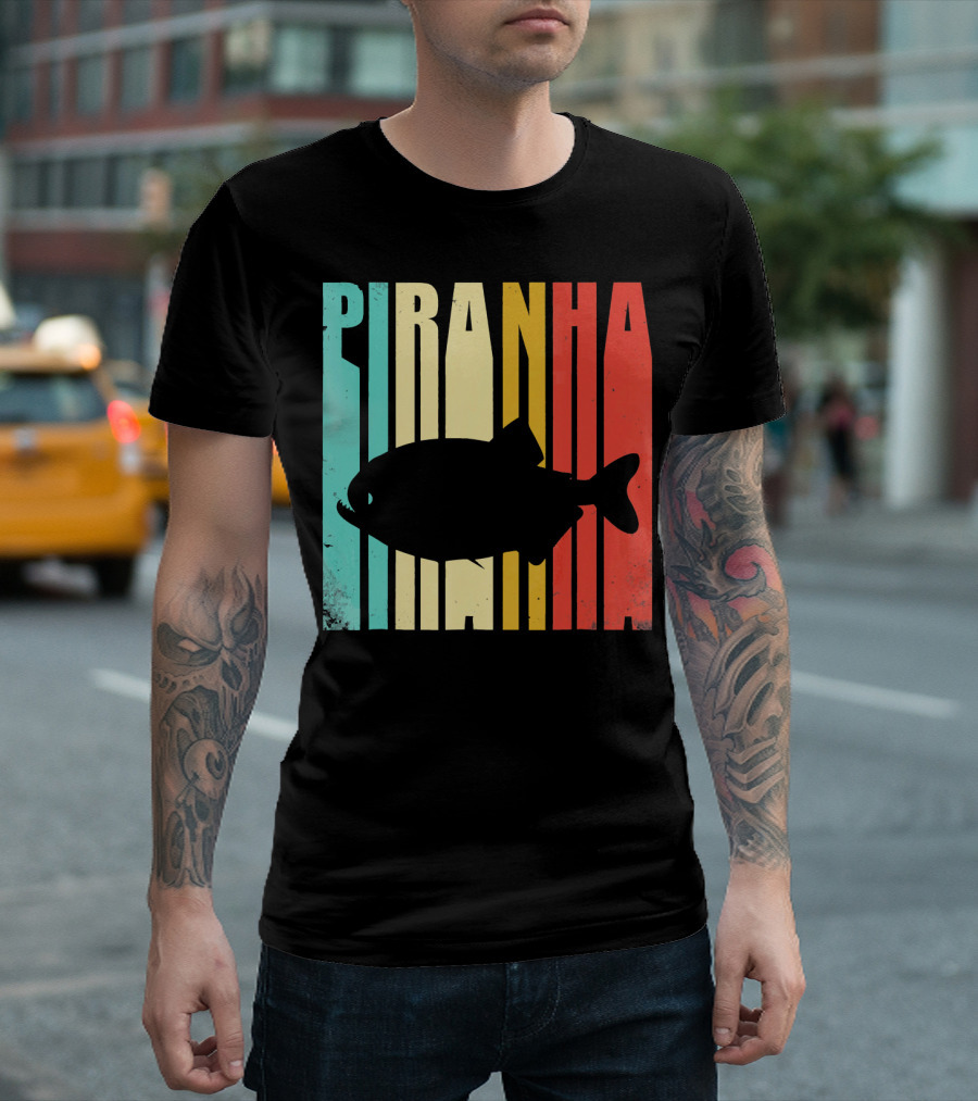 Piranha Retro Striped Silhouette Vintage T-Shirt