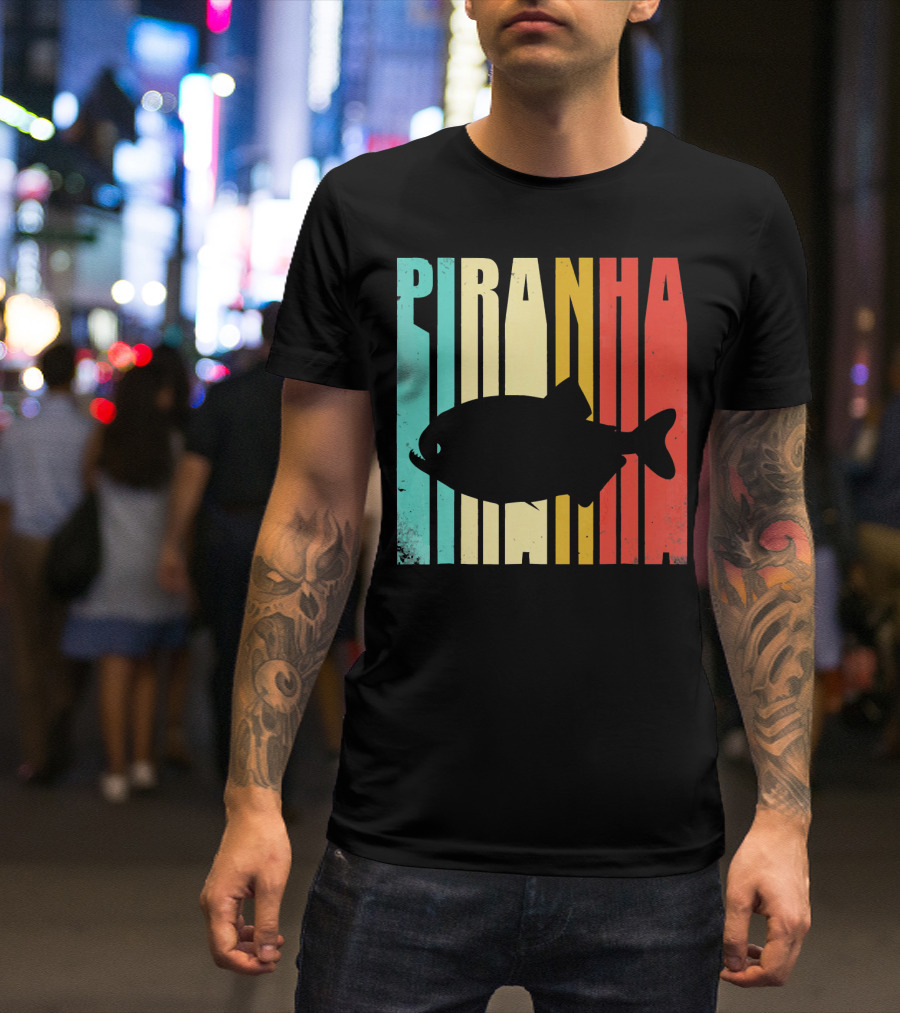 Piranha Retro Striped Silhouette Vintage T-Shirt