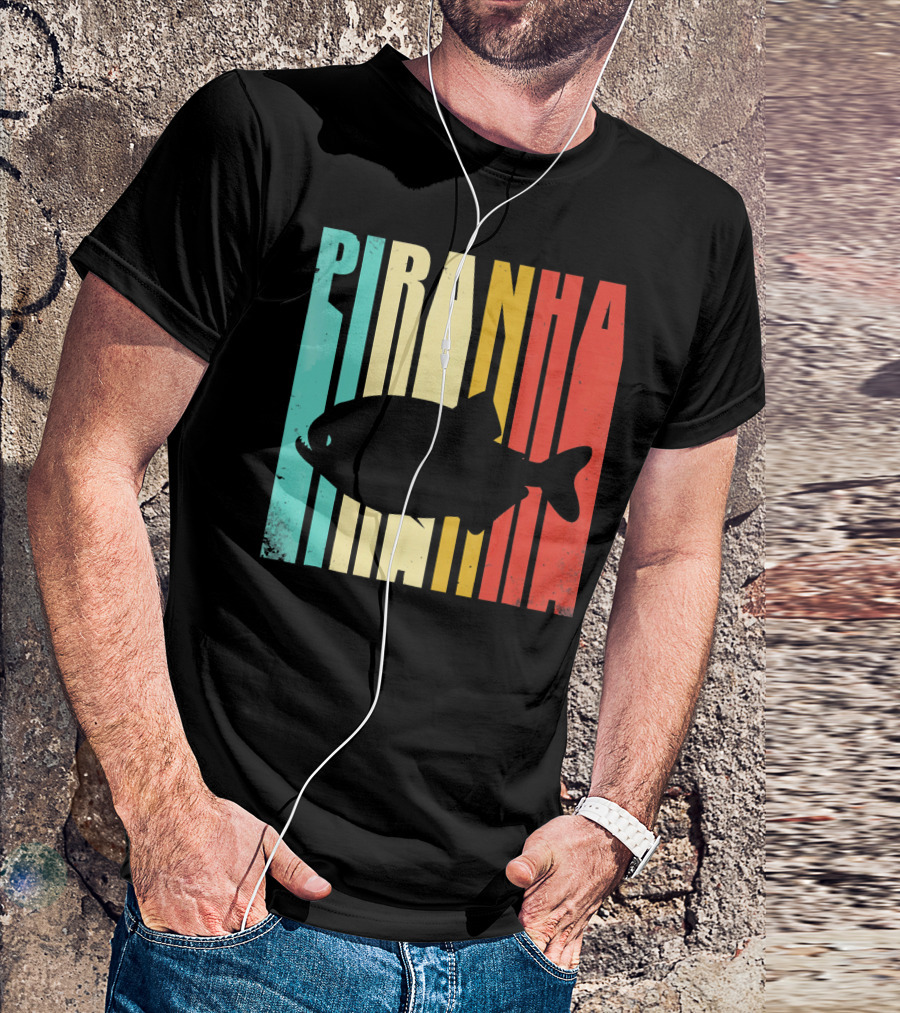 Piranha Retro Striped Silhouette Vintage T-Shirt