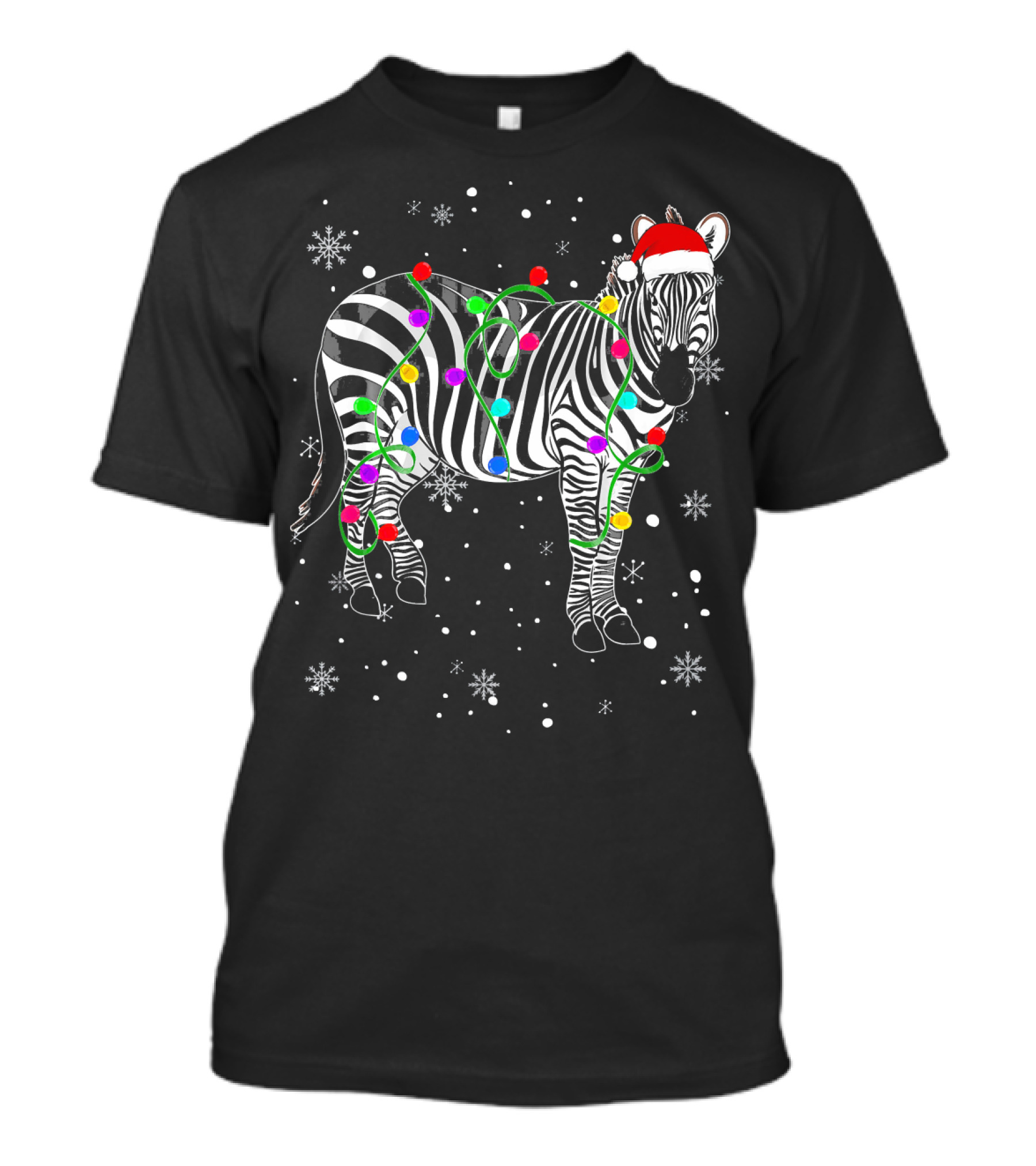 Zebra With Christmas Lights And Santa Hat Festive Holiday Snowflakes T-Shirt