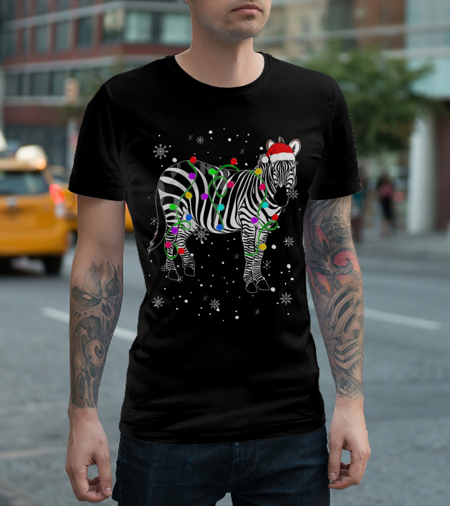 Zebra With Christmas Lights And Santa Hat Festive Holiday Snowflakes T-Shirt