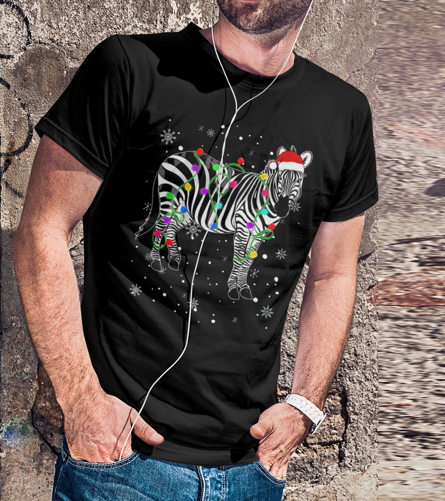 Zebra With Christmas Lights And Santa Hat Festive Holiday Snowflakes T-Shirt