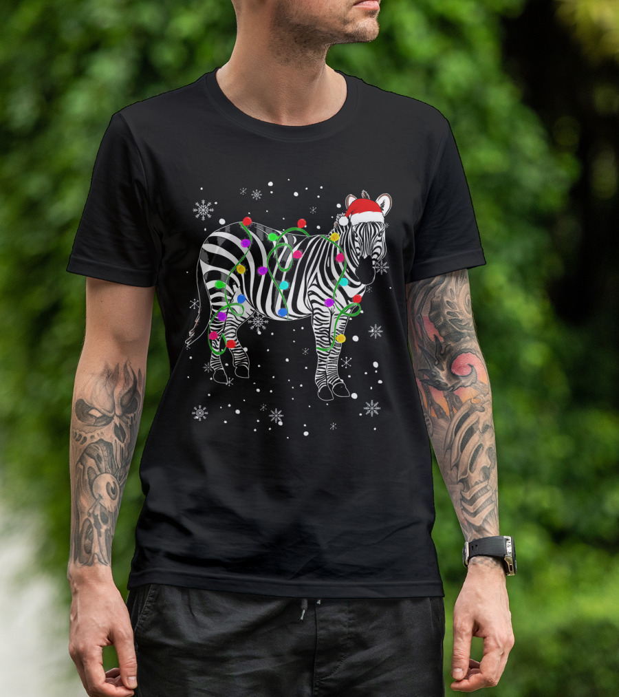 Zebra With Christmas Lights And Santa Hat Festive Holiday Snowflakes T-Shirt