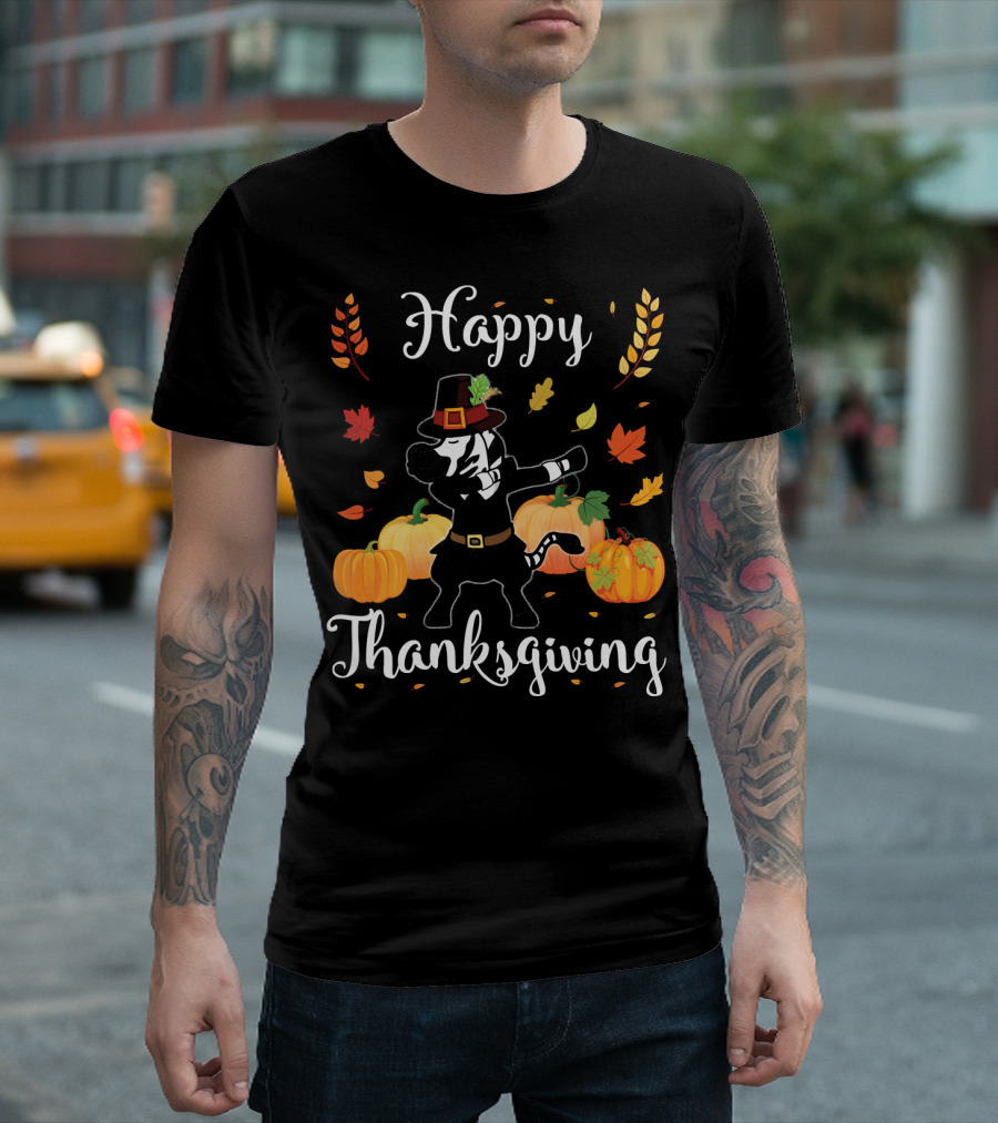 Happy Thanksgiving Zebra Pilgrim Dabbing With Pumpkins T-Shirt