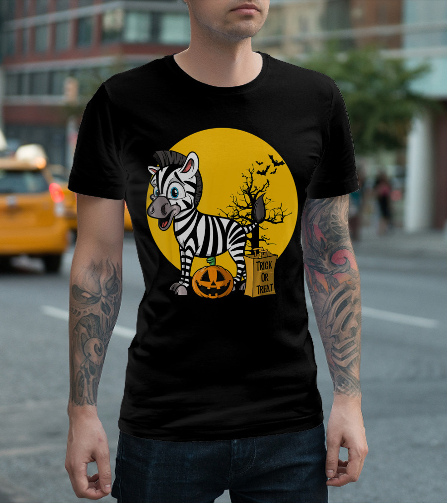 Zebra Halloween Trick or Treat Pumpkin and Bats T-Shirt