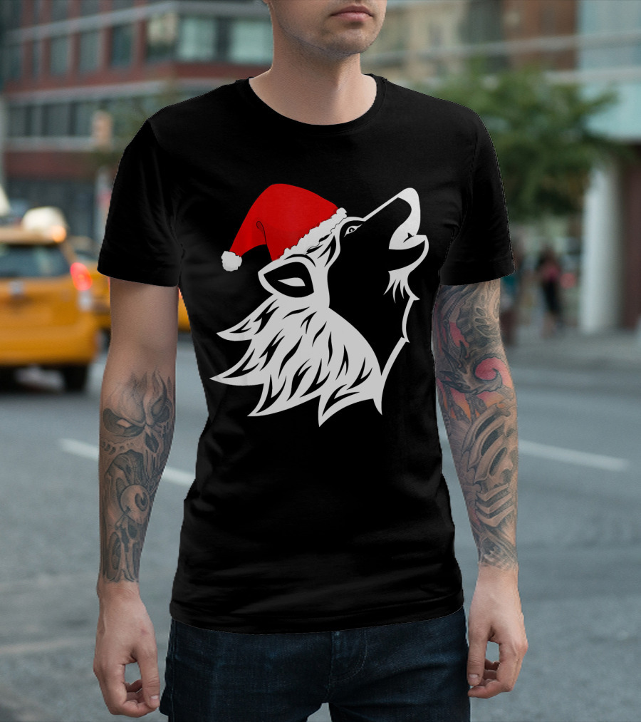 Wolf Wearing Santa Hat Howling for Christmas T-Shirt