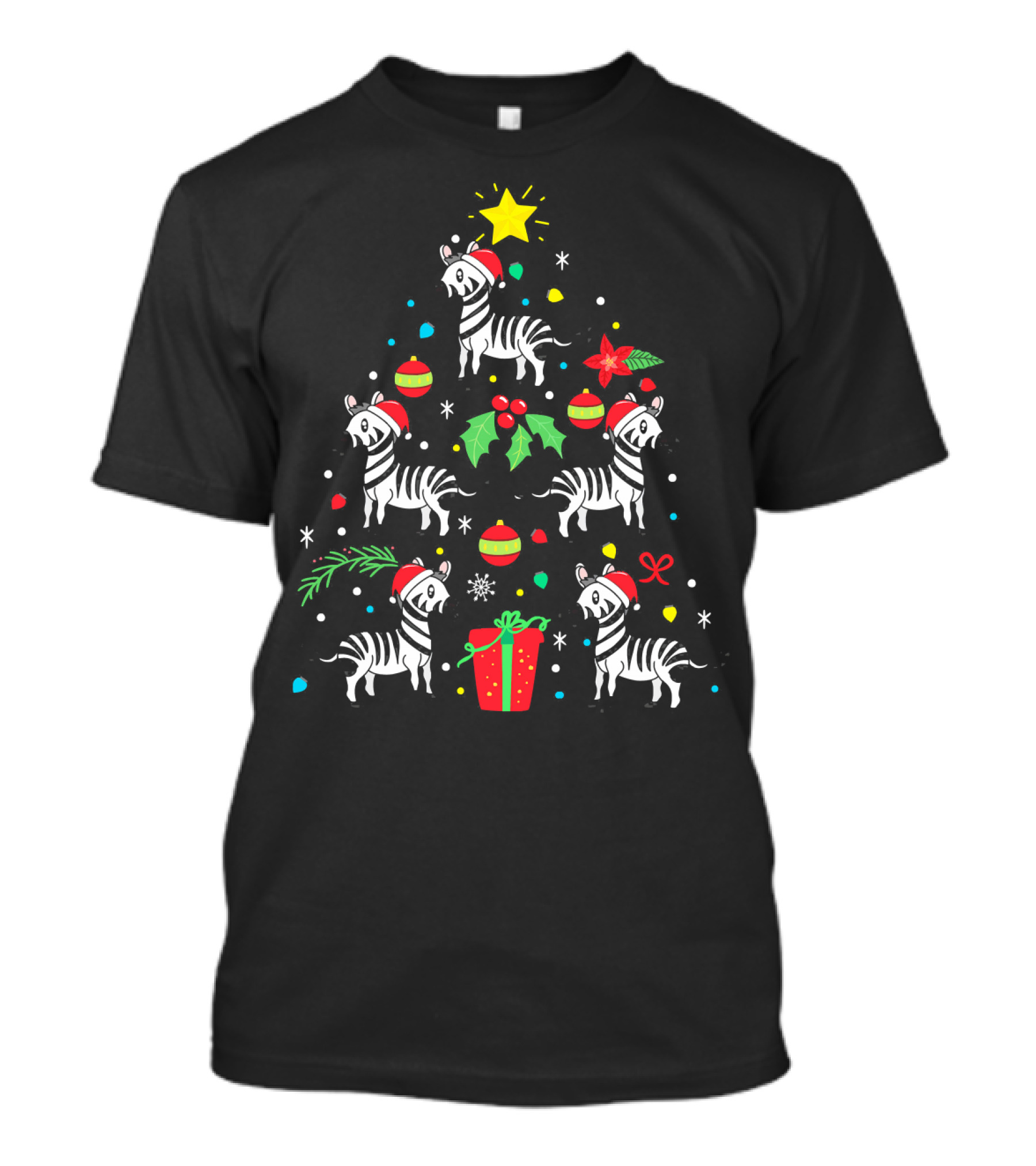 Zebra Christmas Ornament Tree With Santa Hats And Holiday Decorations T-Shirt