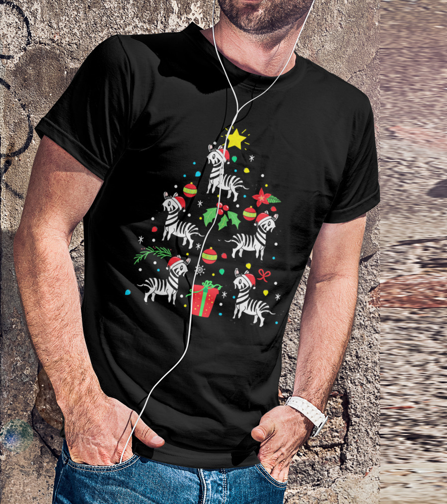 Zebra Christmas Ornament Tree With Santa Hats And Holiday Decorations T-Shirt