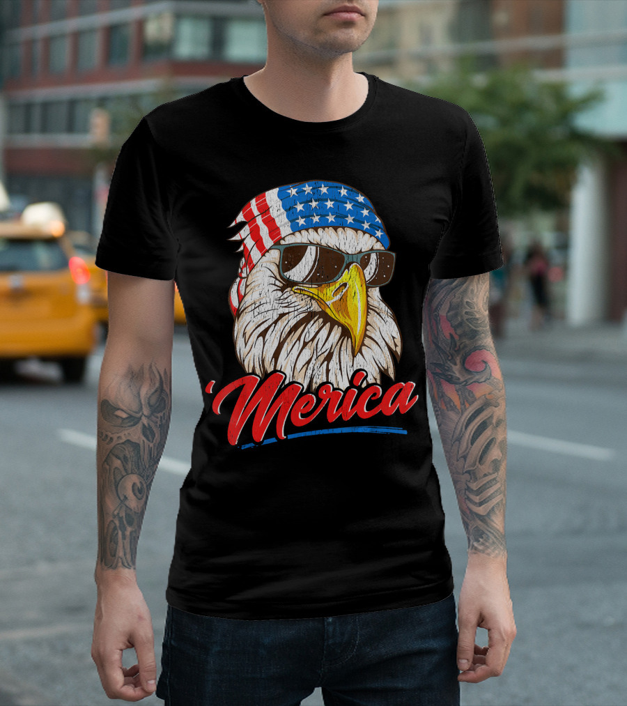 Bald Eagle Merica 80s Mullet With USA Bandana And Sunglasses T-Shirt