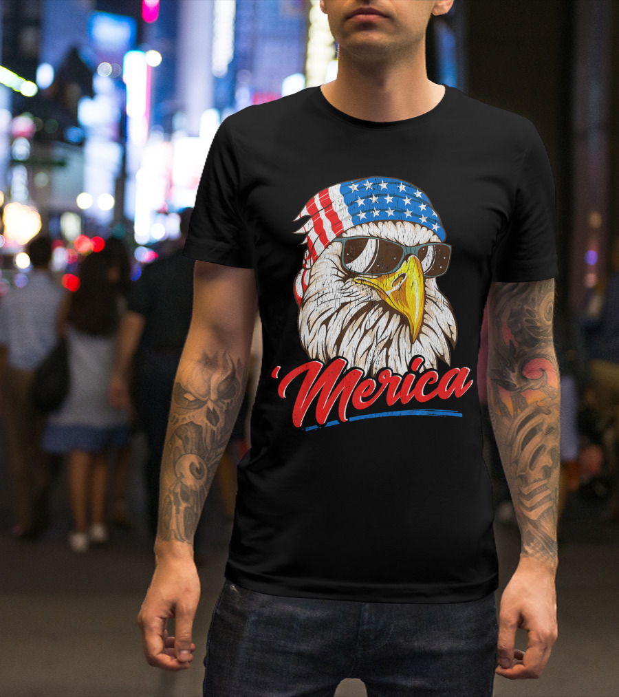 Bald Eagle Merica 80s Mullet With USA Bandana And Sunglasses T-Shirt