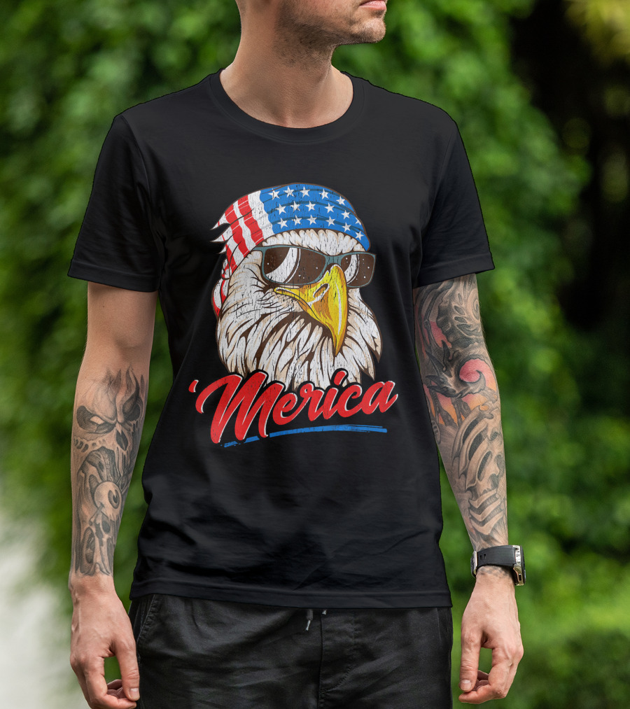 Bald Eagle Merica 80s Mullet With USA Bandana And Sunglasses T-Shirt
