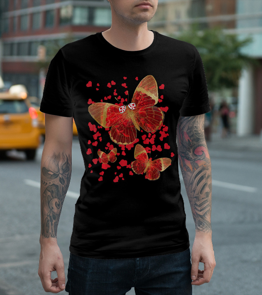 Butterfly Lover Hearts and Sunglasses with Red Butterflies and Scattered Hearts T-Shirt