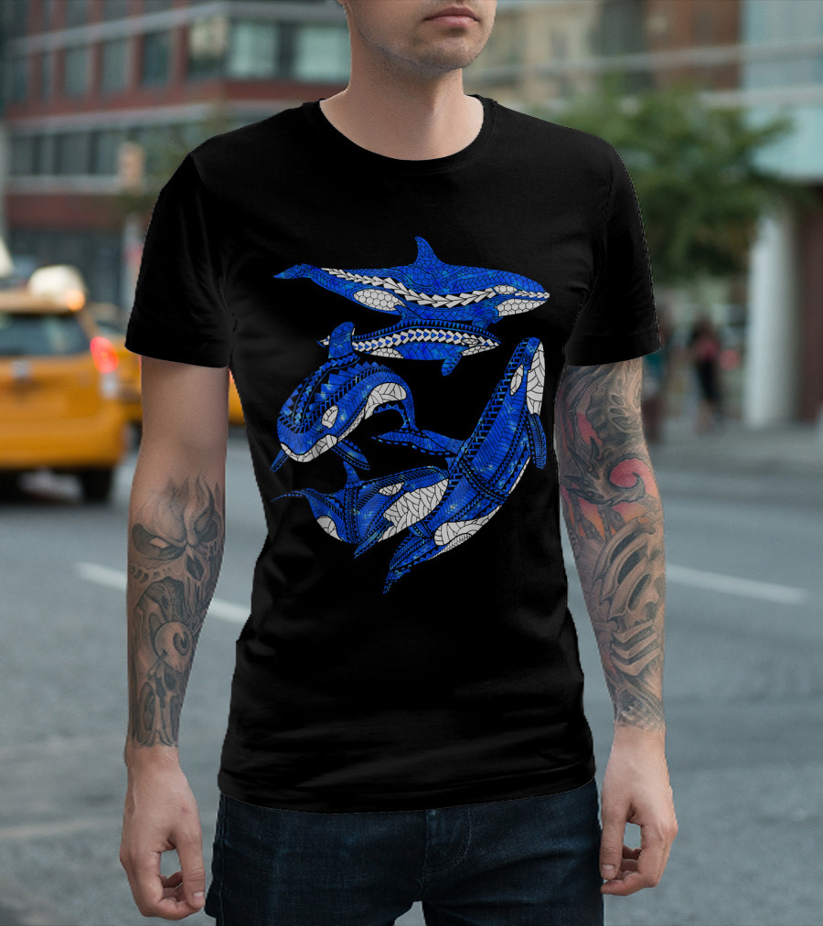A Pod Of Orca Whales Blue Tribal T-Shirt
