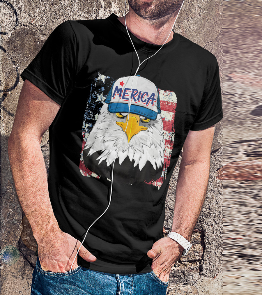 Merica Trucker Hat Bald Eagle With American Flag Background T-Shirt