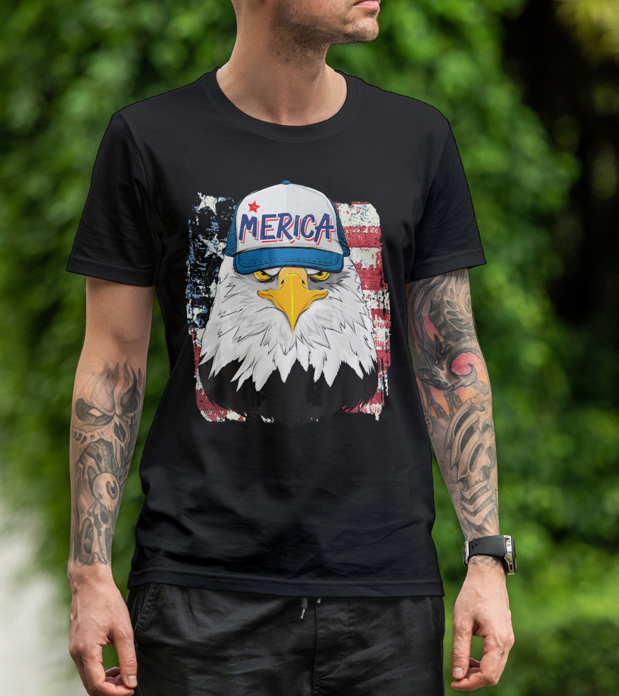 Merica Trucker Hat Bald Eagle With American Flag Background T-Shirt