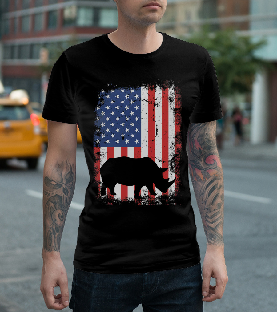 American Flag USA Rhino Independence Day T-Shirt