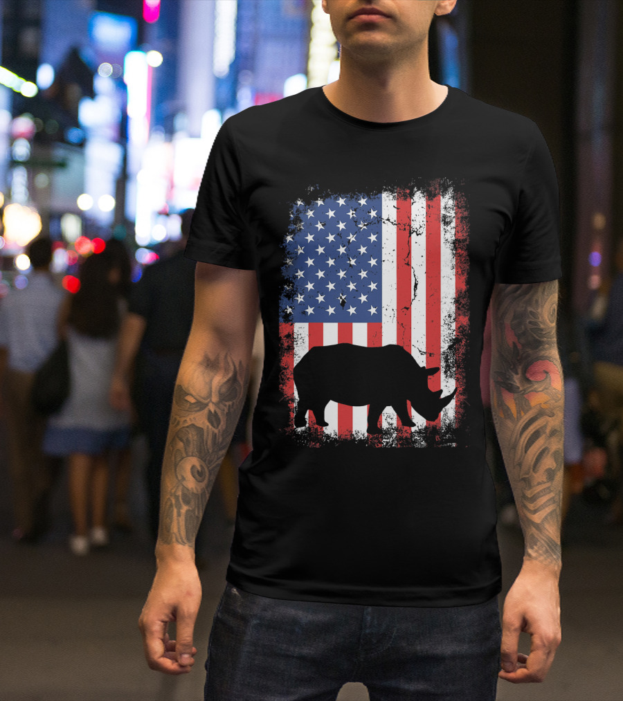 American Flag USA Rhino Independence Day T-Shirt
