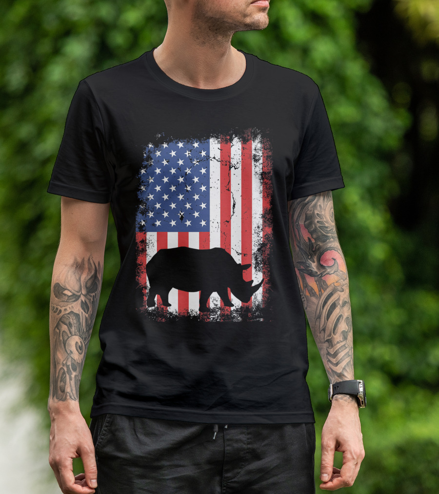 American Flag USA Rhino Independence Day T-Shirt