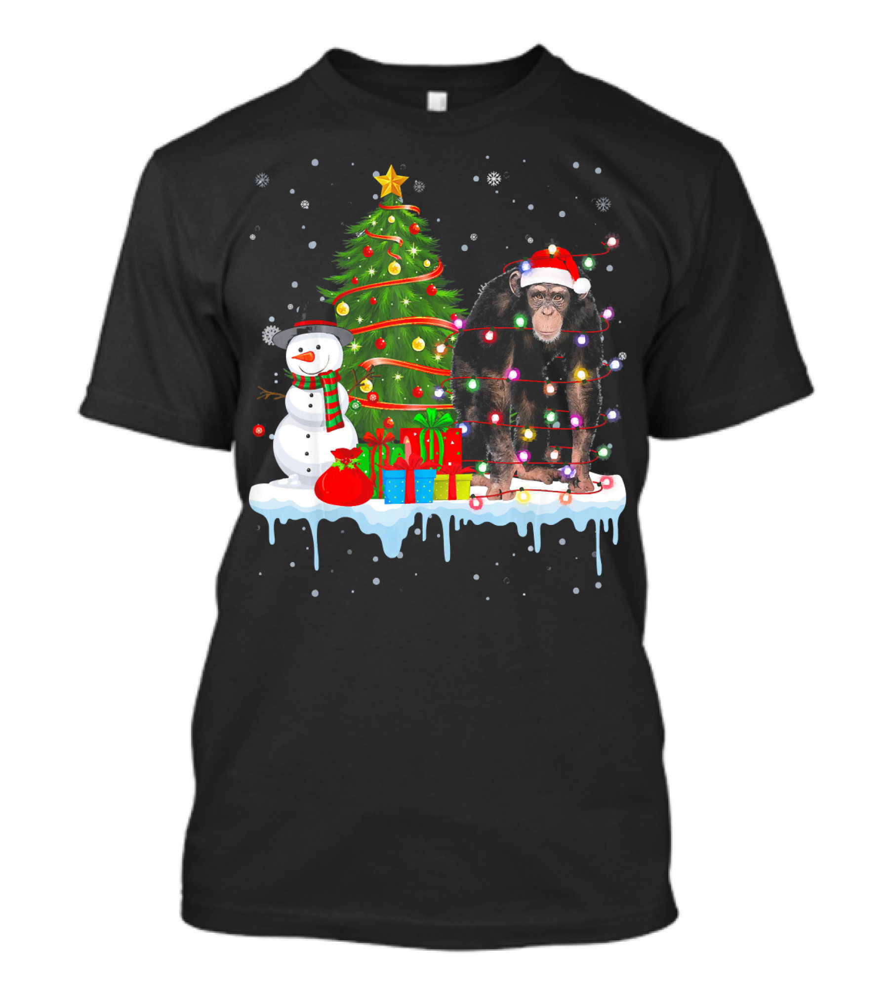 Chimpanzee Santa Lights Christmas Tree Snowman Presents T-Shirt