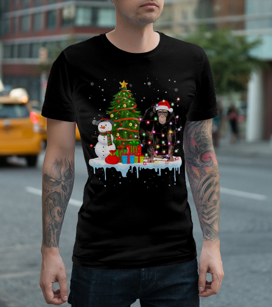 Chimpanzee Santa Lights Christmas Tree Snowman Presents T-Shirt