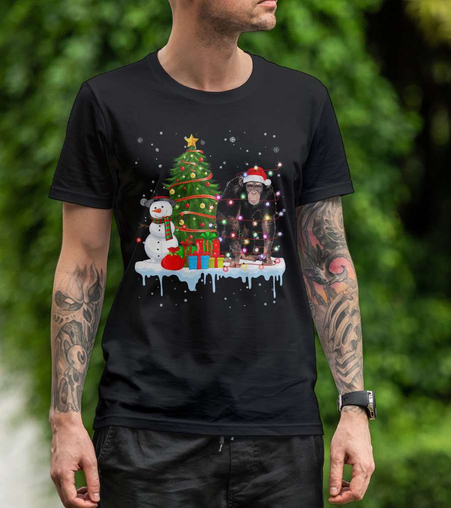 Chimpanzee Santa Lights Christmas Tree Snowman Presents T-Shirt