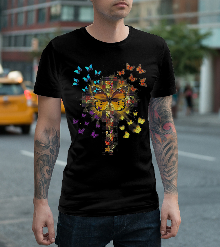 Butterfly Christian Butterfly Holy Cross Colorful Swarm T-Shirt