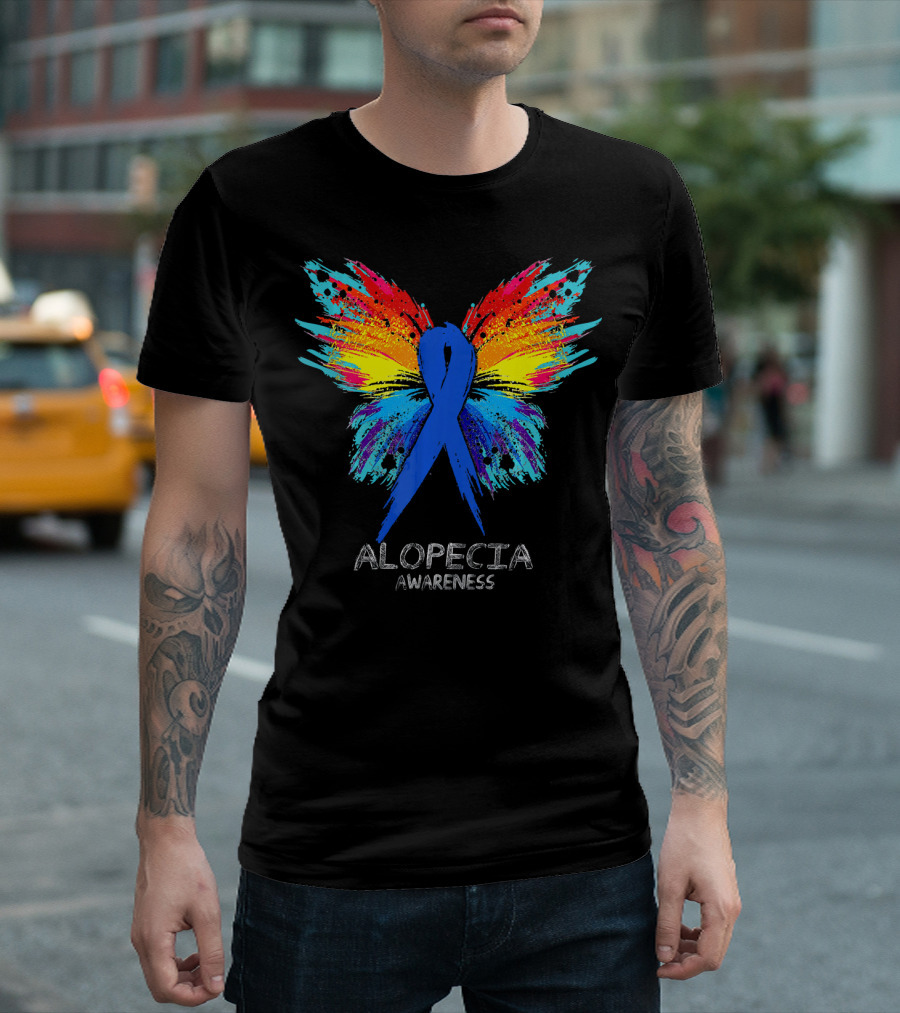 ALOPECIA Awareness Butterfly with Blue Ribbon and Colorful Wings T-Shirt