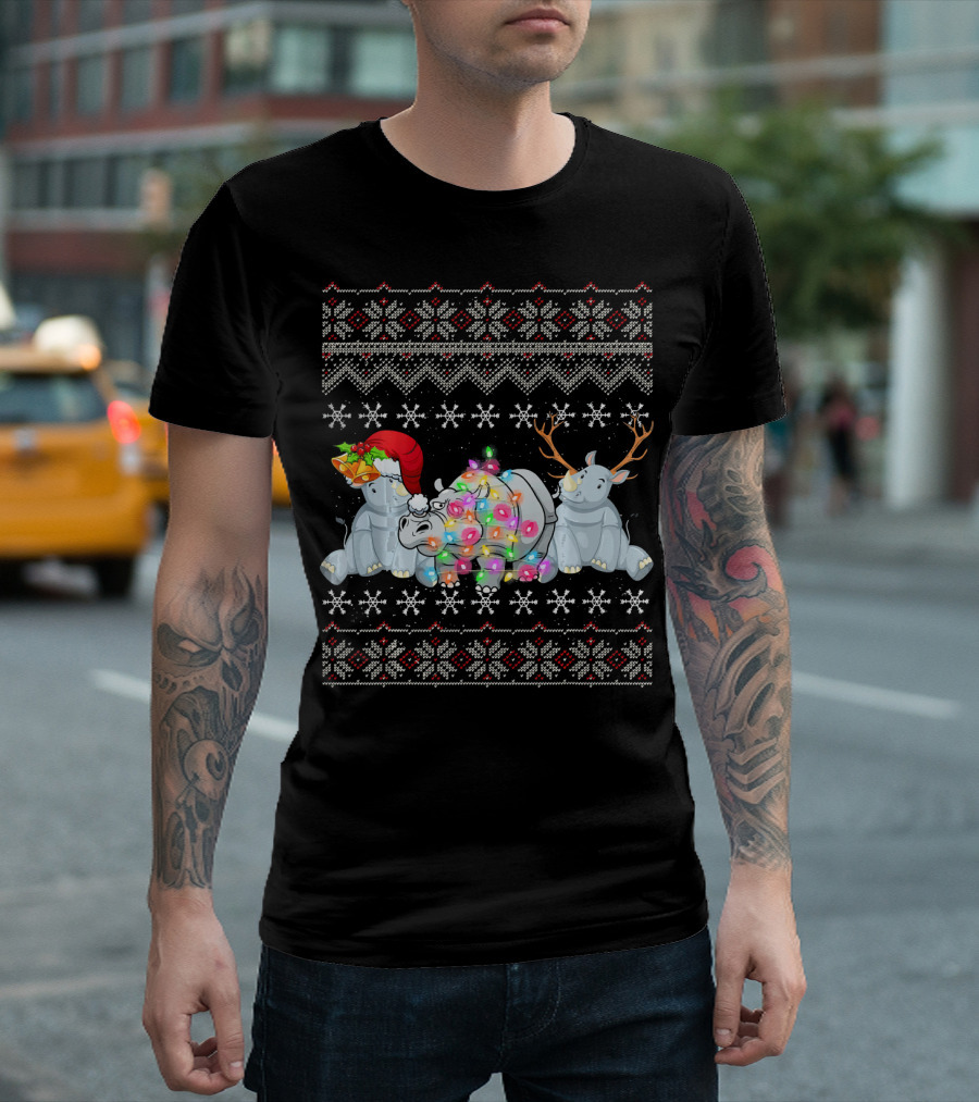 Christmas Rhino Trio with Lights and Antlers Snowflake T-Shirt
