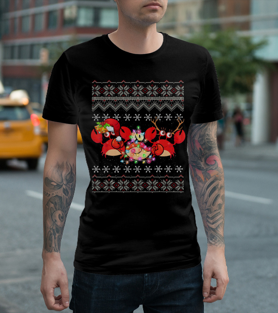 Christmas Crabs Santa Antlers Lights Cute Snowflakes T-Shirt