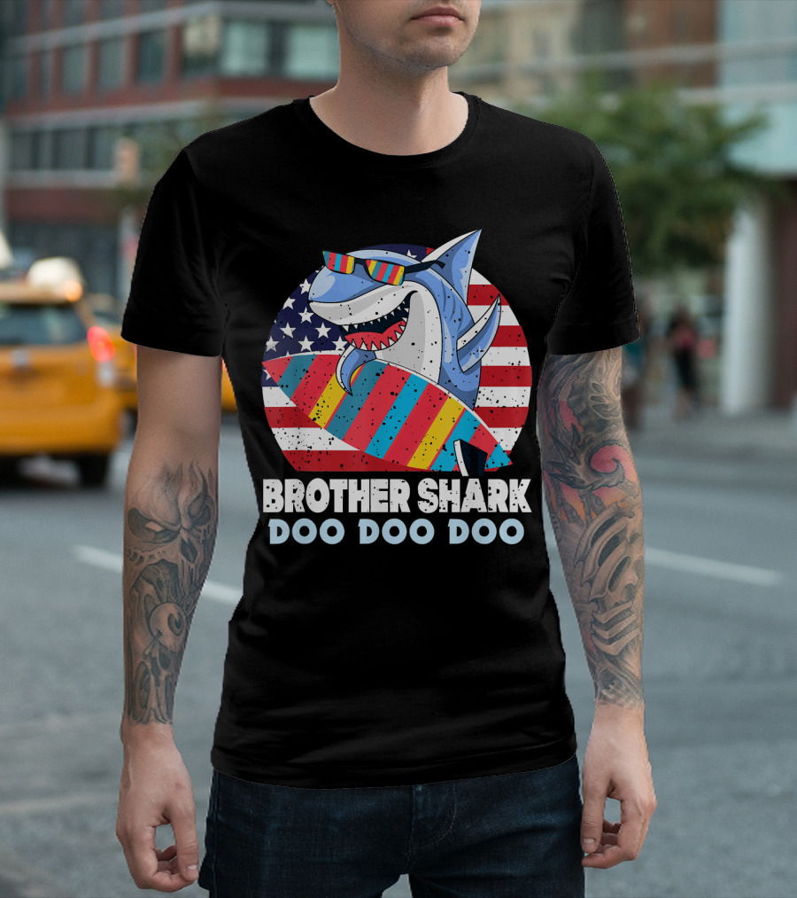 Brother Shark Doo Doo Doo American Flag Surfboard Sunglasses T-Shirt