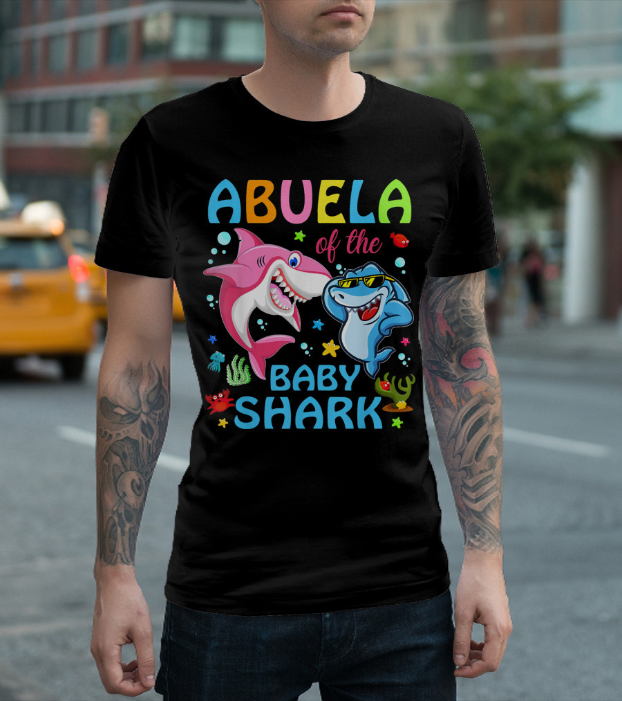 Abuela of the Baby Shark Colorful Celebration with Smiling Sharks and Sea Creatures T-Shirt