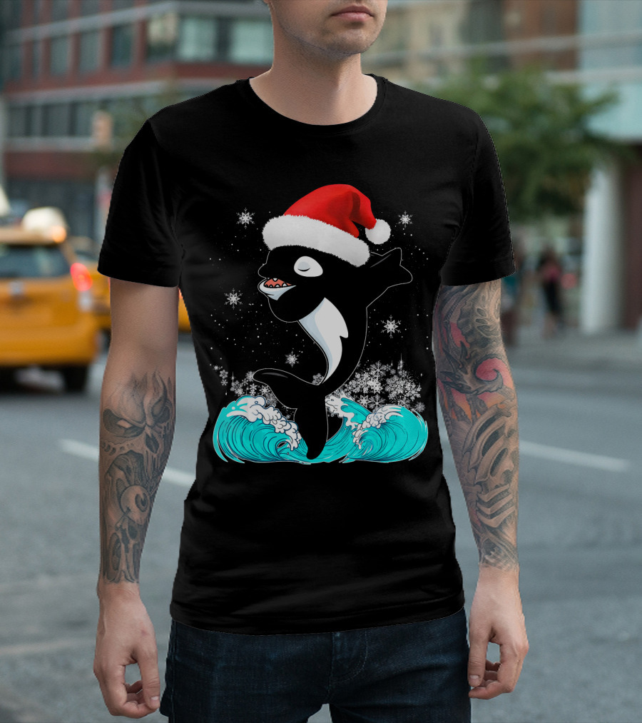 Christmas Orca Whale In Santa Hat Dabbing Amidst Snowflakes And Waves T-Shirt