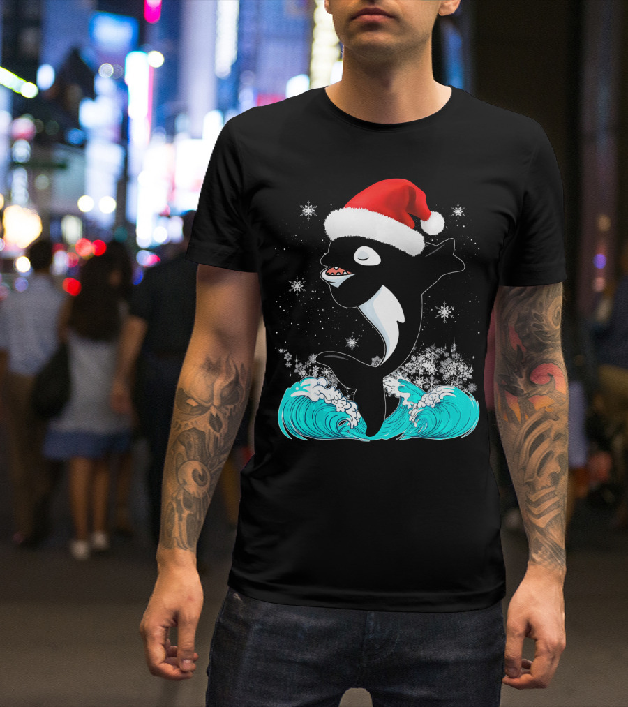 Christmas Orca Whale In Santa Hat Dabbing Amidst Snowflakes And Waves T-Shirt