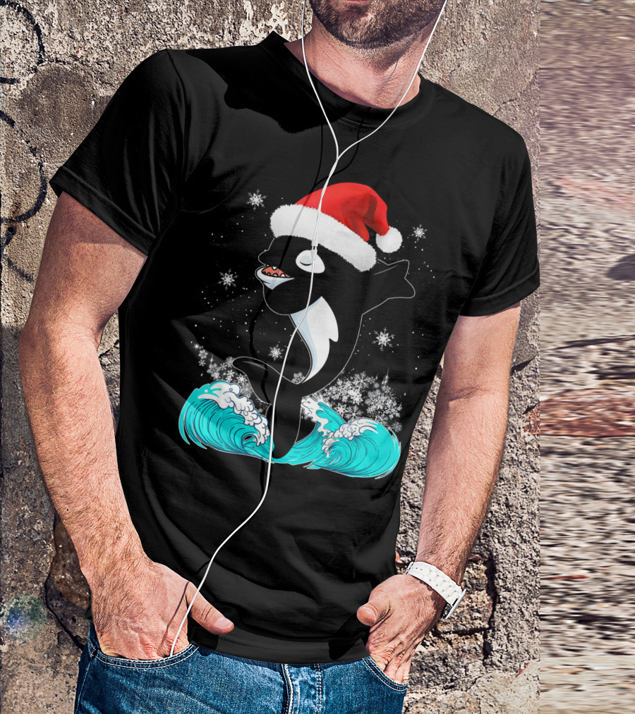 Christmas Orca Whale In Santa Hat Dabbing Amidst Snowflakes And Waves T-Shirt