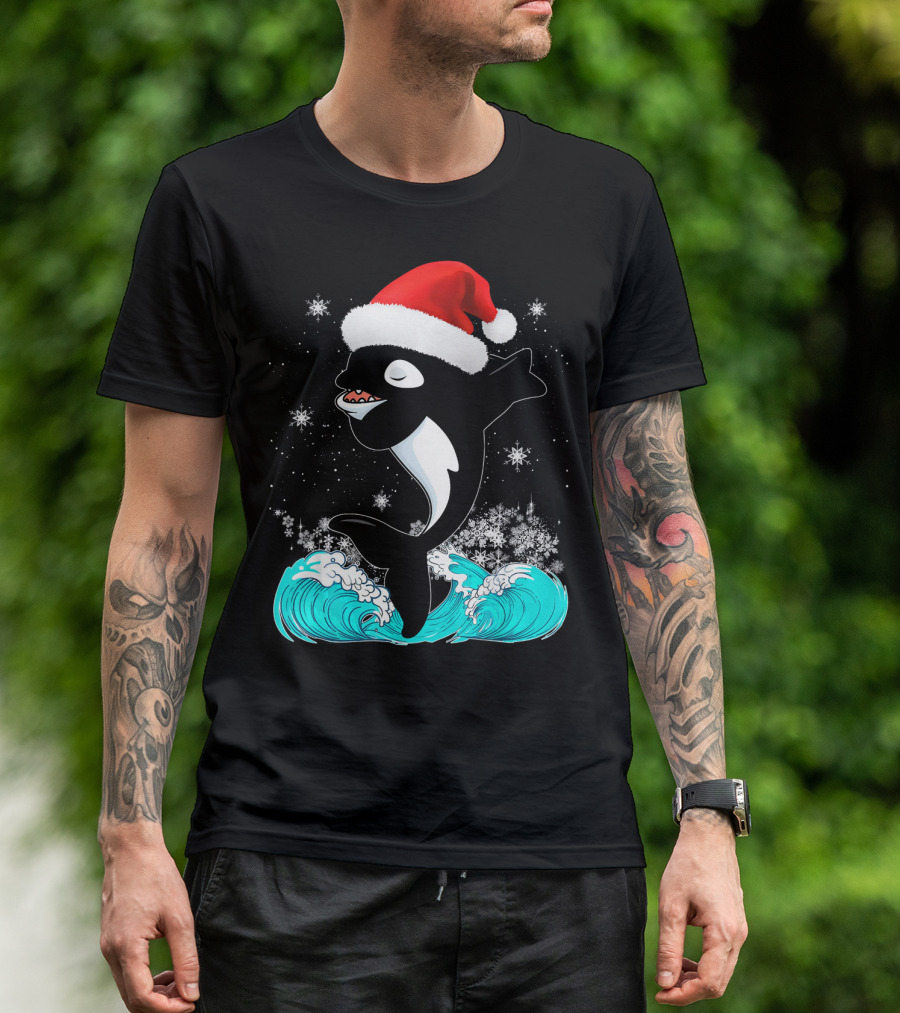 Christmas Orca Whale In Santa Hat Dabbing Amidst Snowflakes And Waves T-Shirt