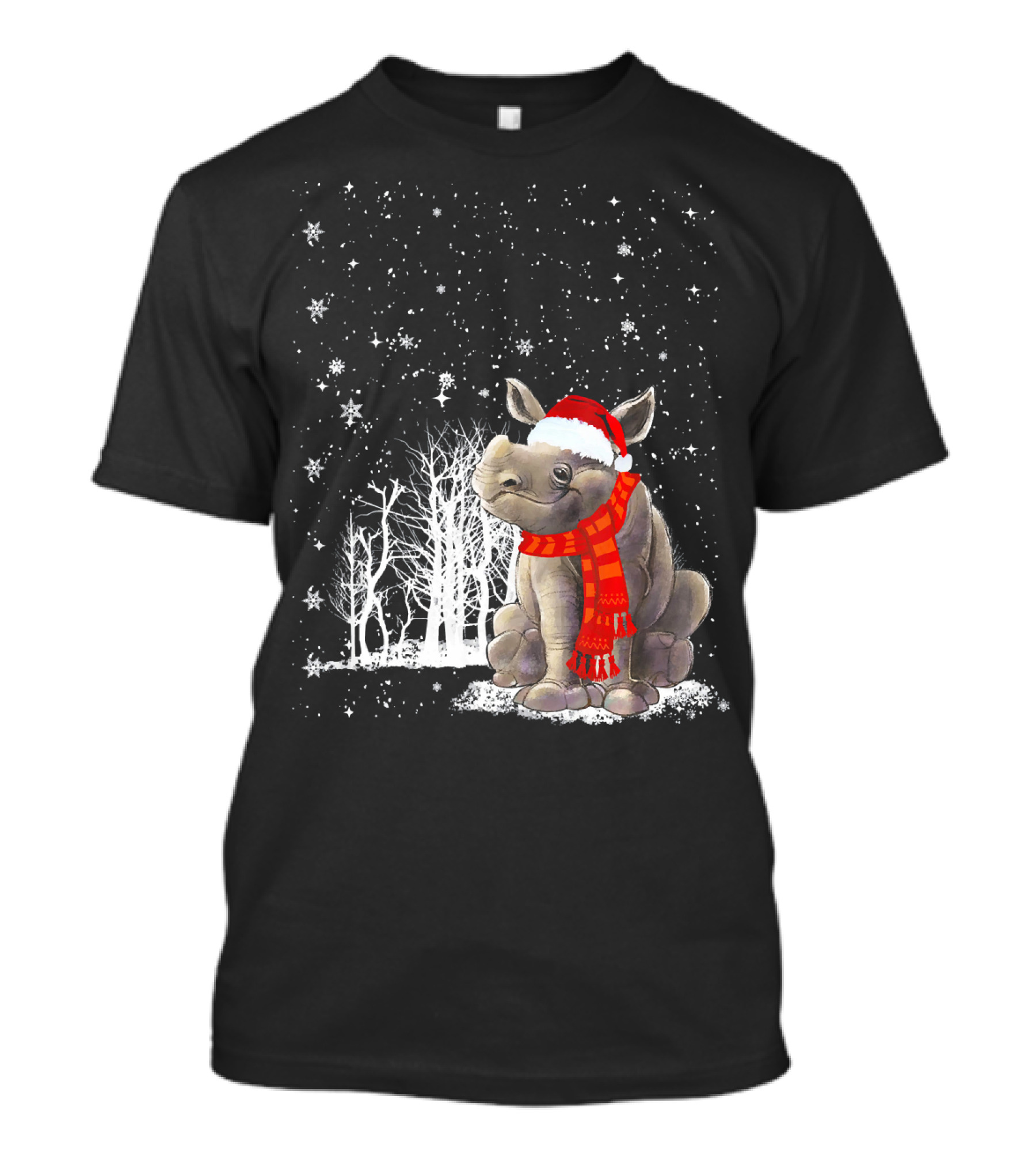 Christmas Rhino With Santa Hat And Scarf In Winter Scene T-Shirt