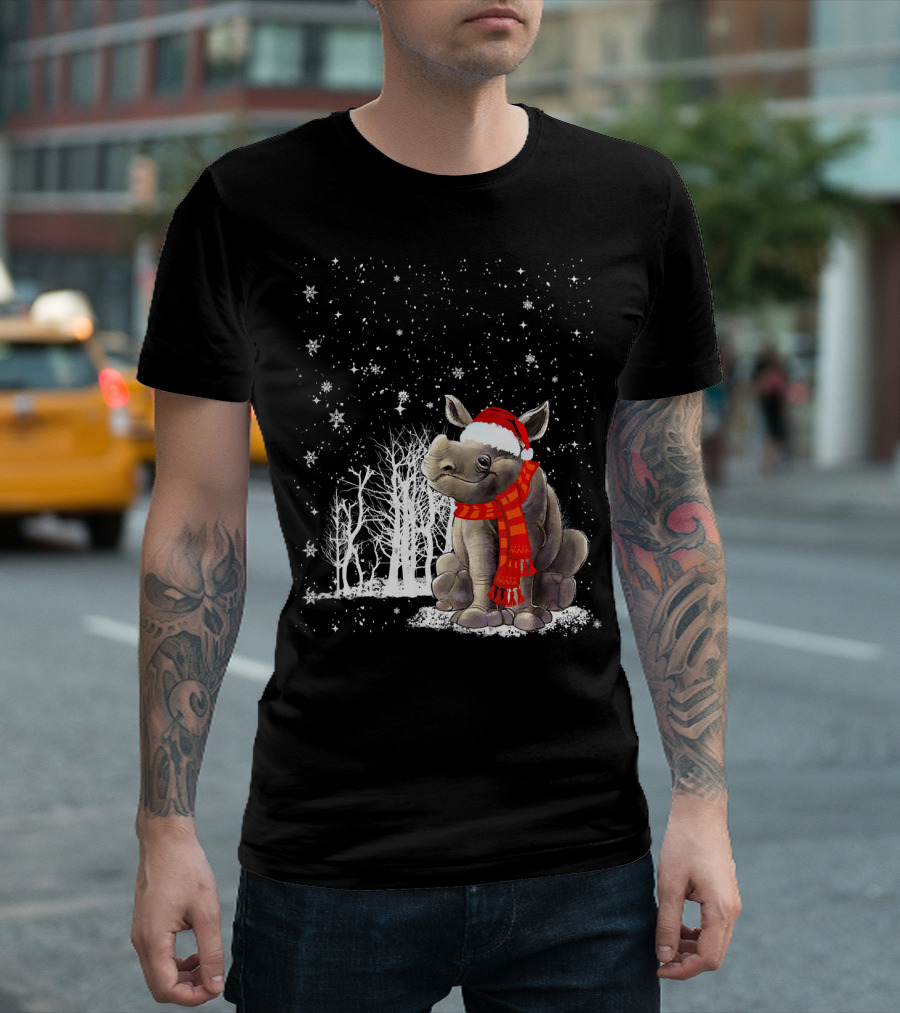 Christmas Rhino With Santa Hat And Scarf In Winter Scene T-Shirt