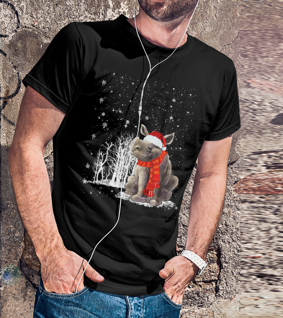 Christmas Rhino With Santa Hat And Scarf In Winter Scene T-Shirt