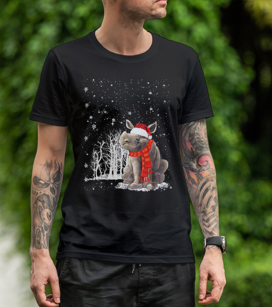 Christmas Rhino With Santa Hat And Scarf In Winter Scene T-Shirt