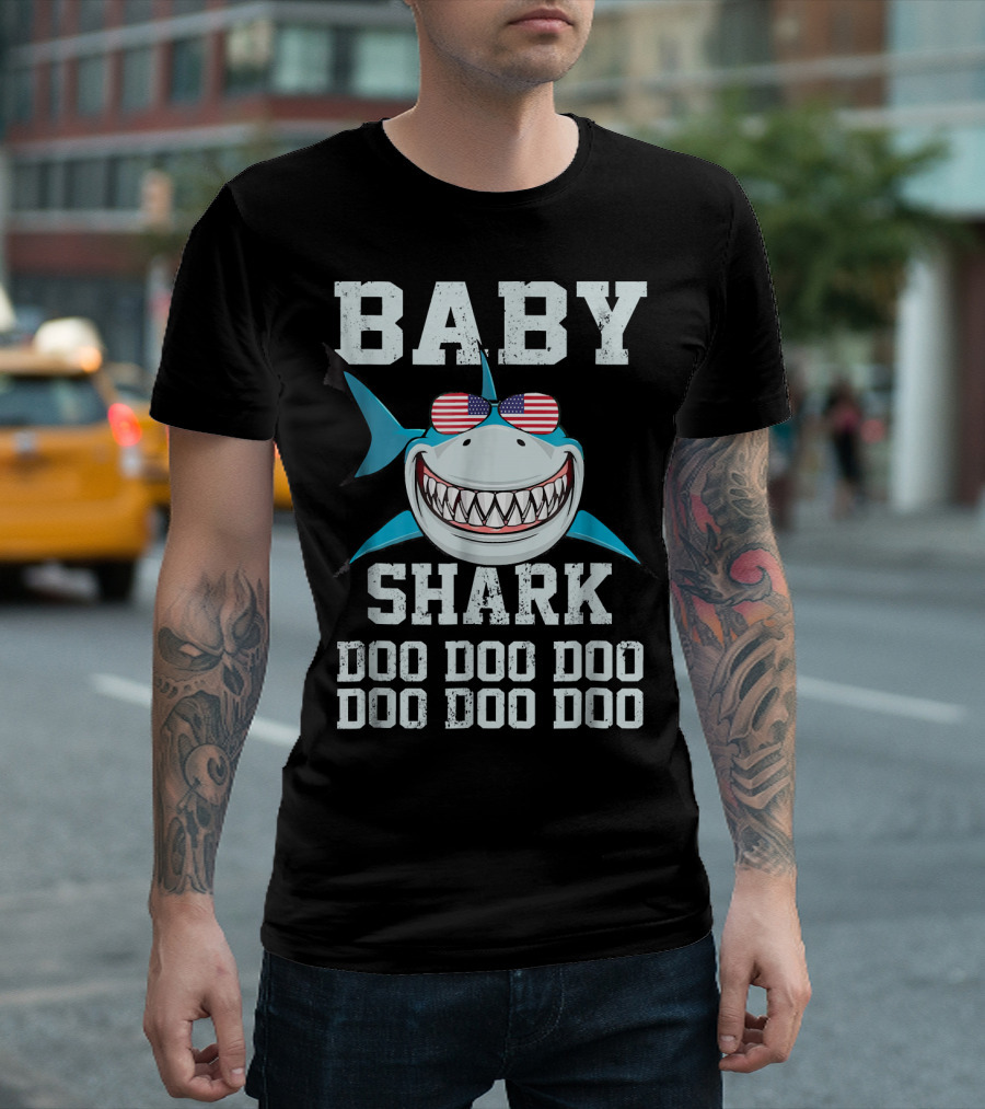 Baby Shark Doo Doo Doo Doo Doo American Flag Sunglasses T-Shirt