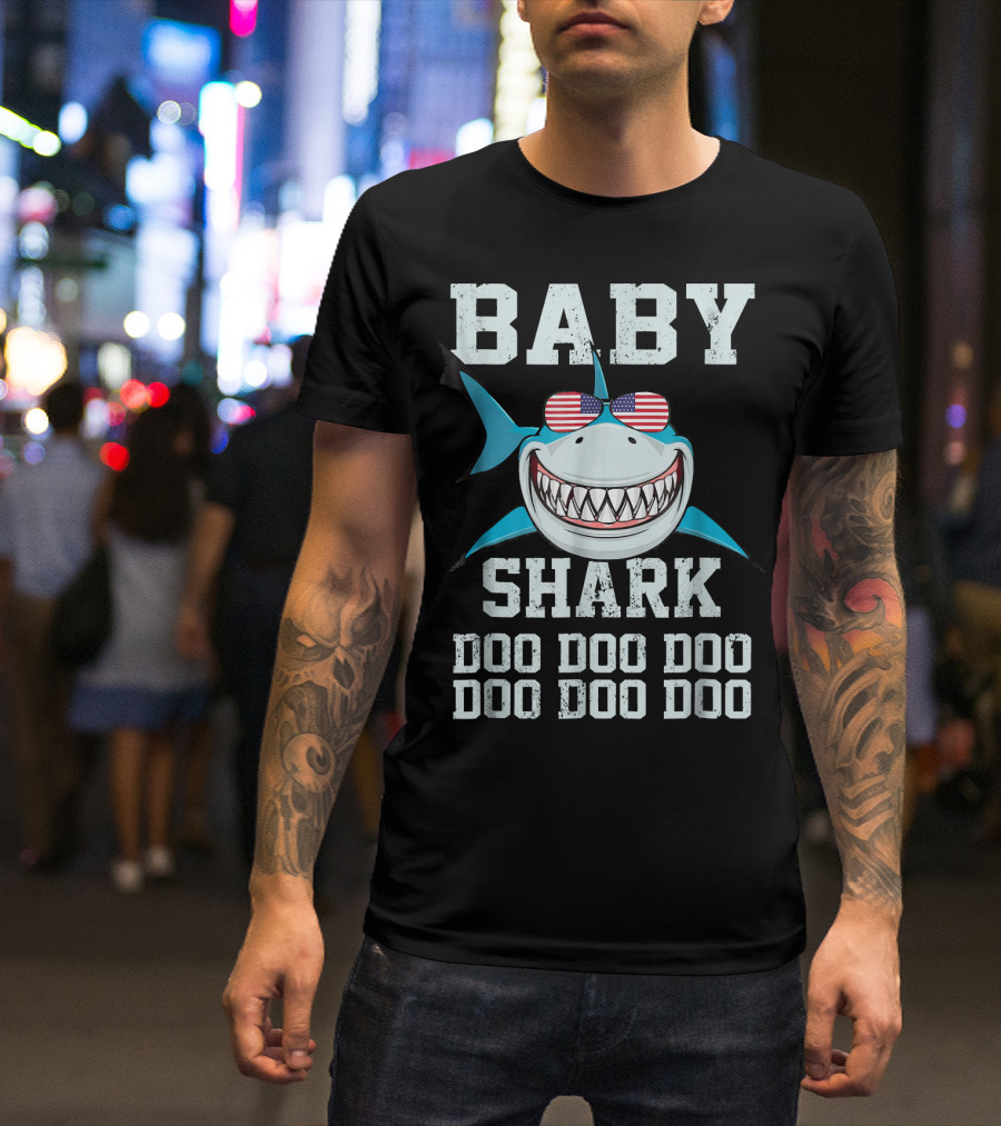 Baby Shark Doo Doo Doo Doo Doo American Flag Sunglasses T-Shirt