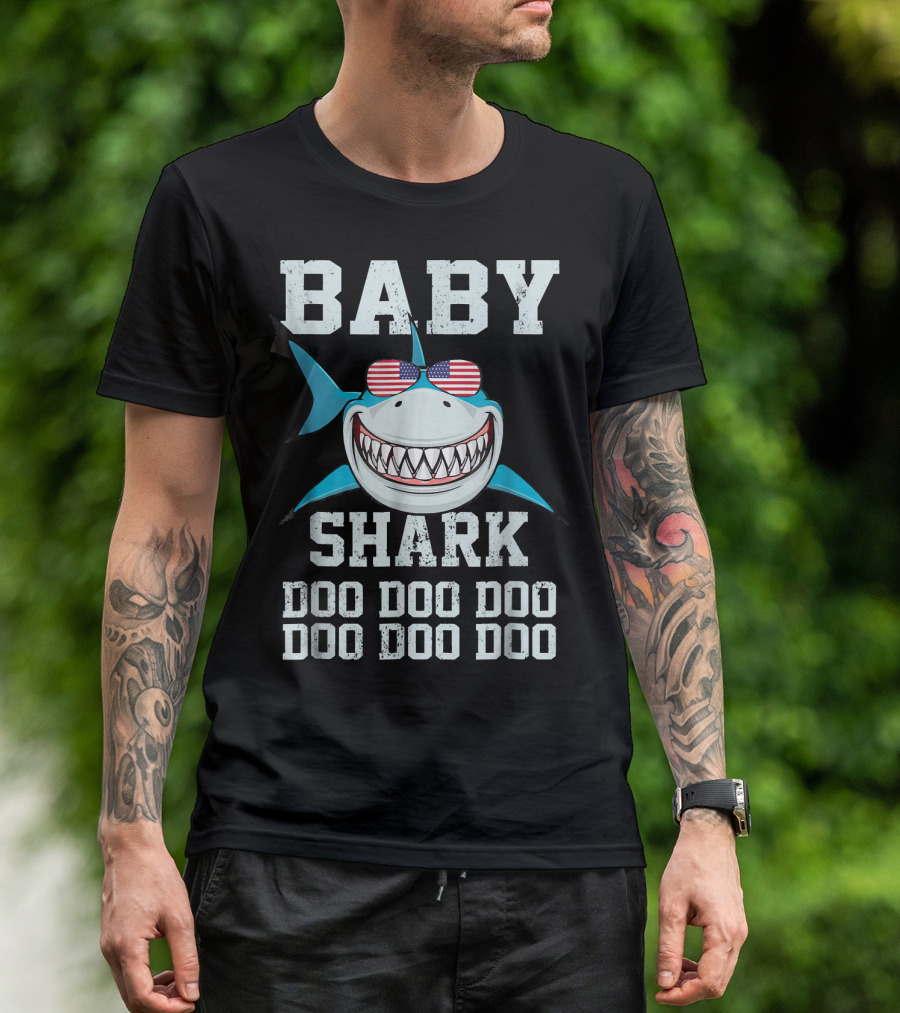 Baby Shark Doo Doo Doo Doo Doo American Flag Sunglasses T-Shirt