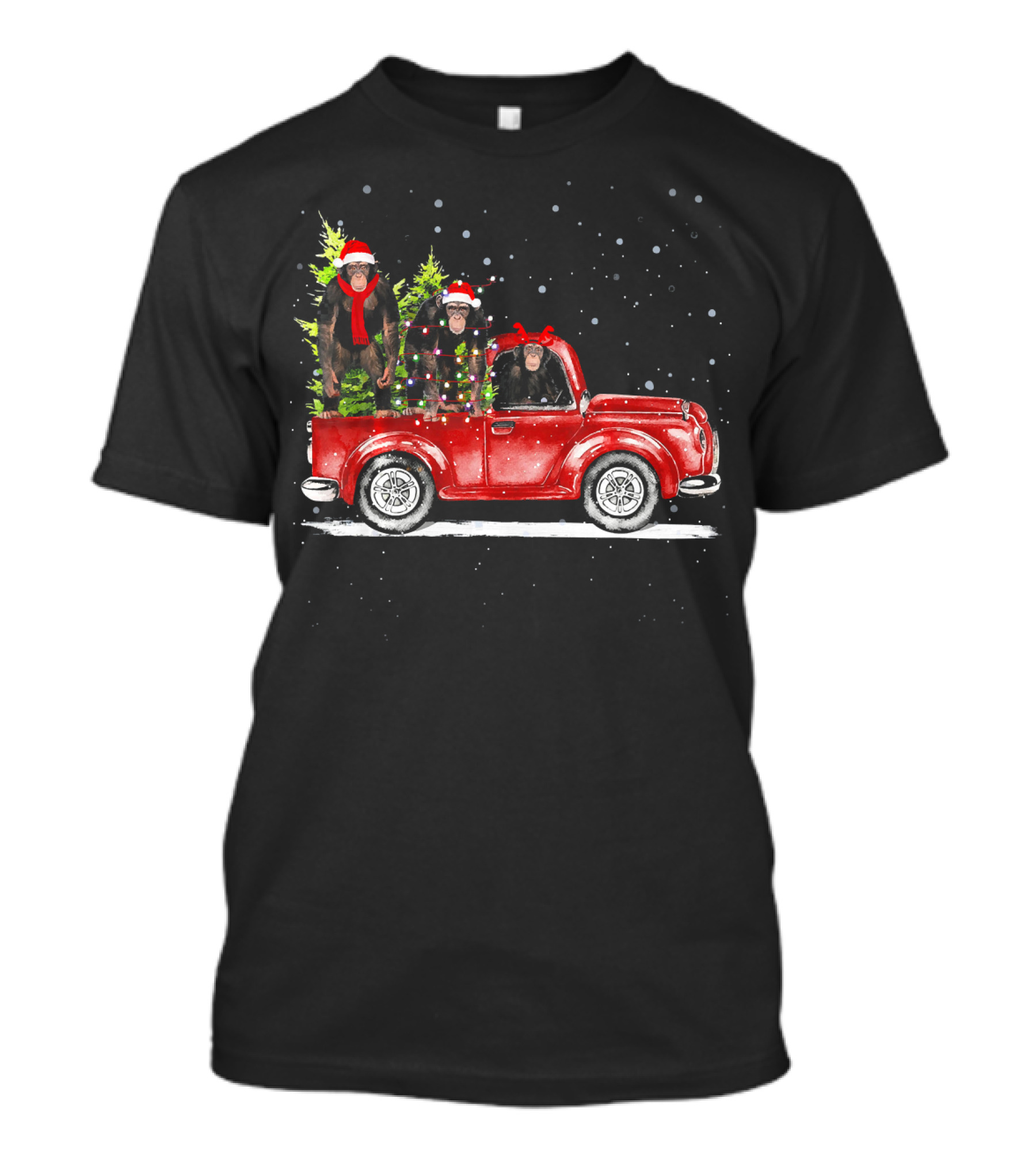 Christmas Three Chimpanzee Ride Red Truck Snowy Holiday Scene T-Shirt